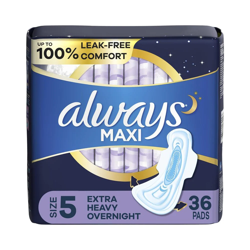 Always Maxi Pads with Wings Extra Heavy Overnight I Size 5 36 Count