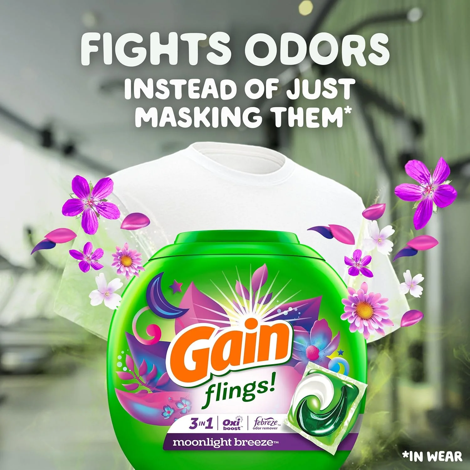 Gain Flings Laundry Detergent Soap Pacs, 3-in-1 Oxi Boost and Febreze, Moonlight Breeze Scent, 60 Count - Image 3