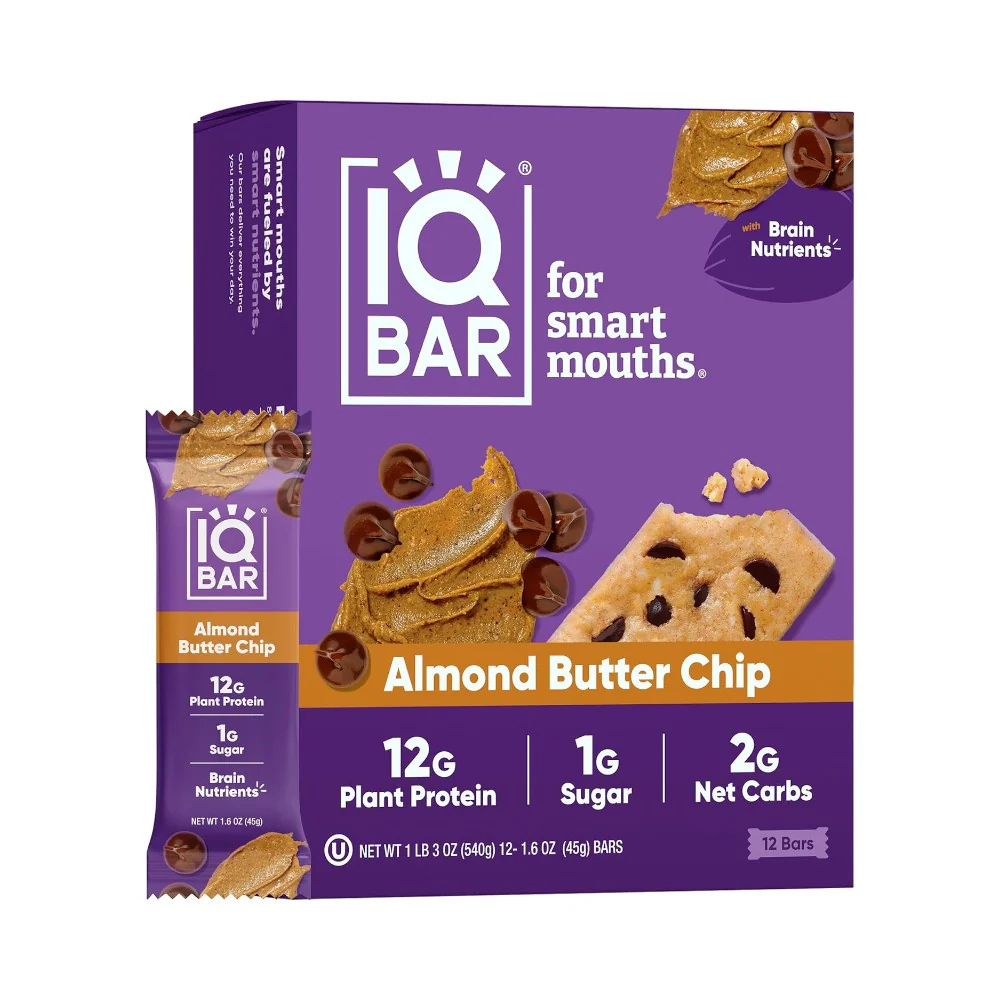 IQBAR Brain and Body Plant Protein Bars I Almond Butter Chip I Low Sugar Keto Energy Bar I 12g Protein