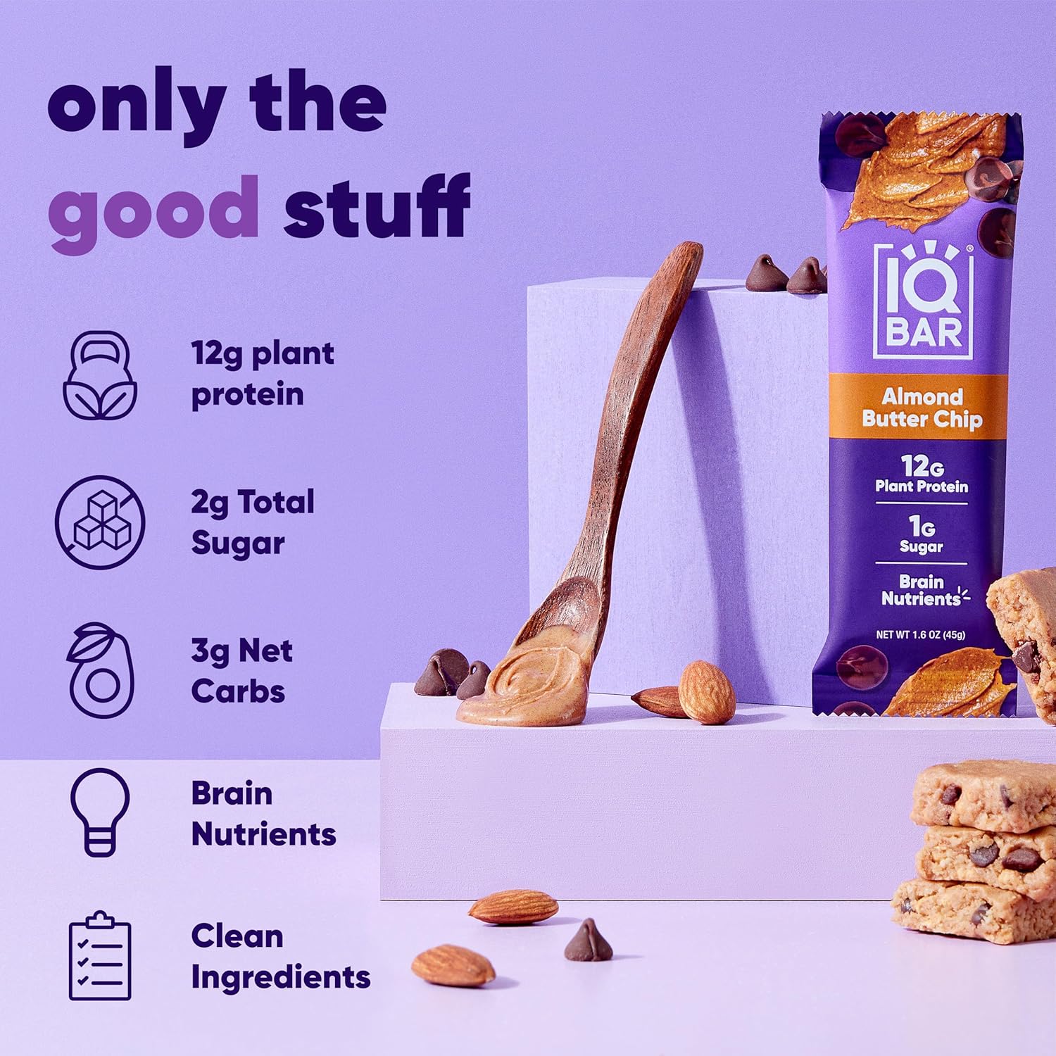 IQBAR Brain and Body Plant Protein Bars I Almond Butter Chip I Low Sugar Keto Energy Bar I 12g Protein - Image 2