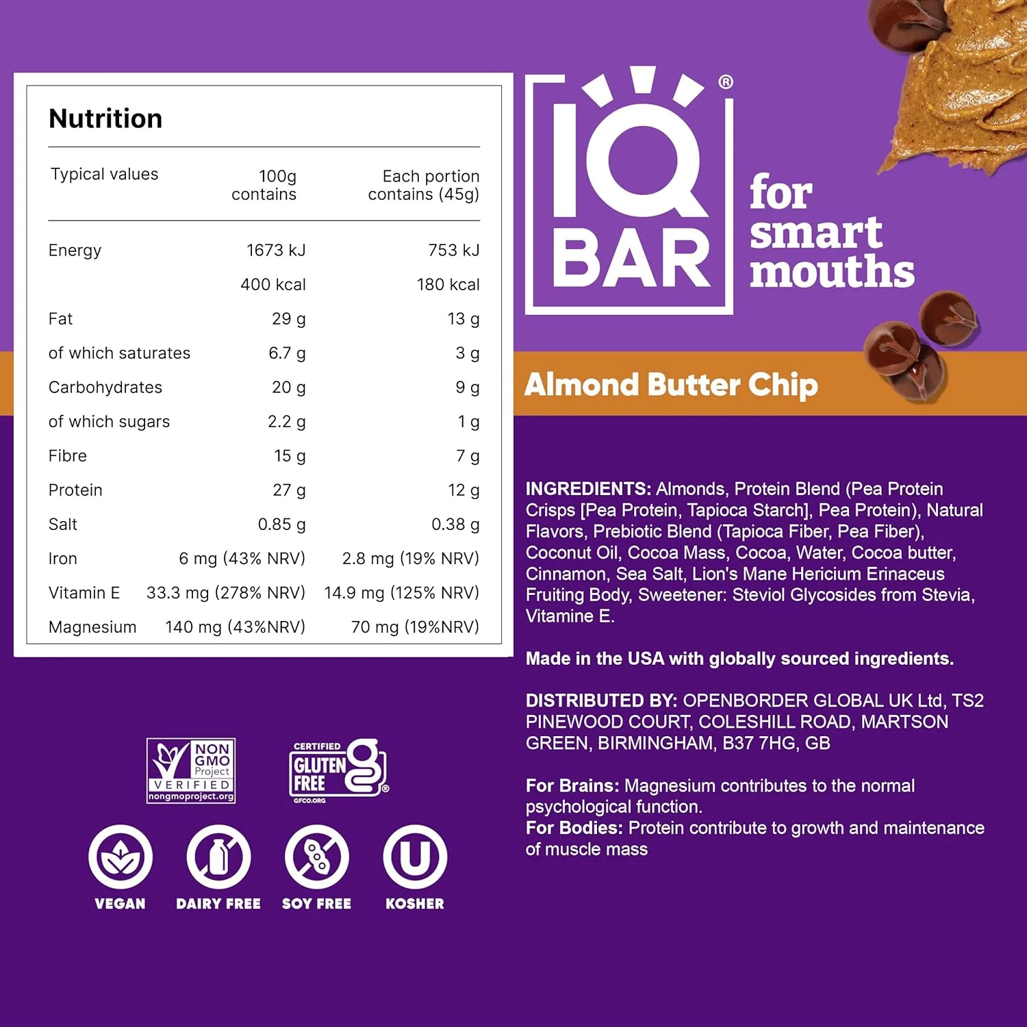 IQBAR Brain and Body Plant Protein Bars I Almond Butter Chip I Low Sugar Keto Energy Bar I 12g Protein - Image 6