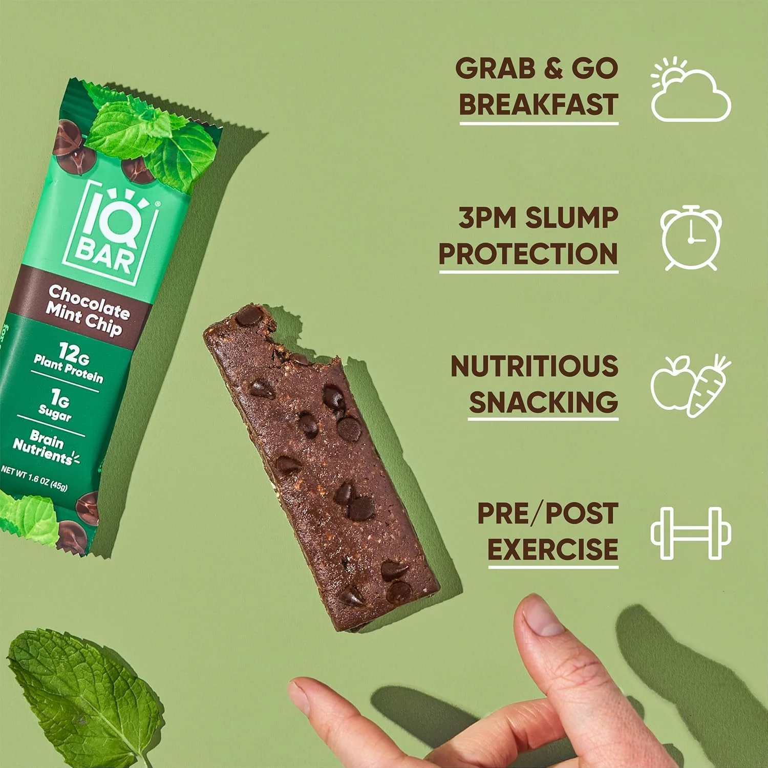 IQBAR Brain and Body Plant Protein Bars I Chocolate Mint Chip I Low Sugar Keto Energy Bar I 12g Protein - Image 2