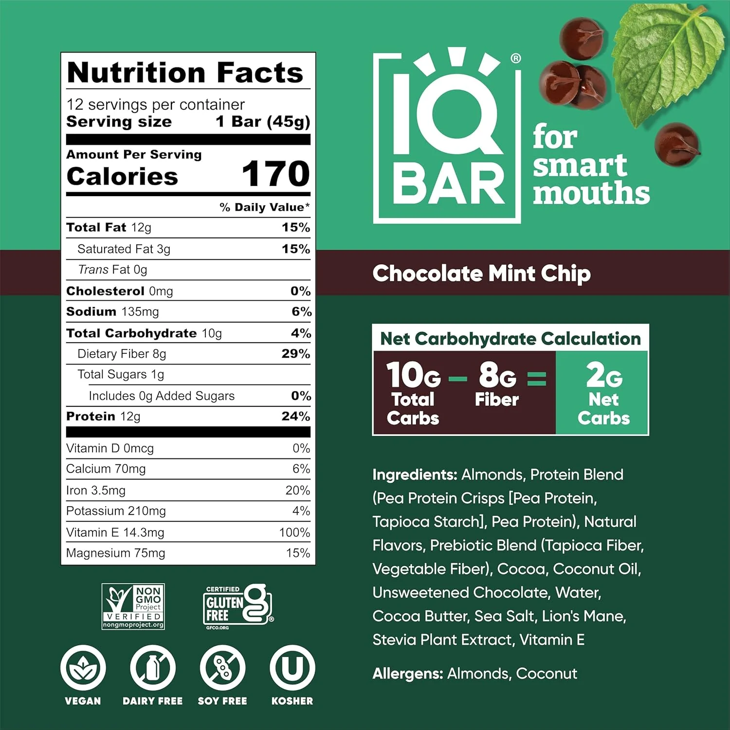 IQBAR Brain and Body Plant Protein Bars I Chocolate Mint Chip I Low Sugar Keto Energy Bar I 12g Protein - Image 6