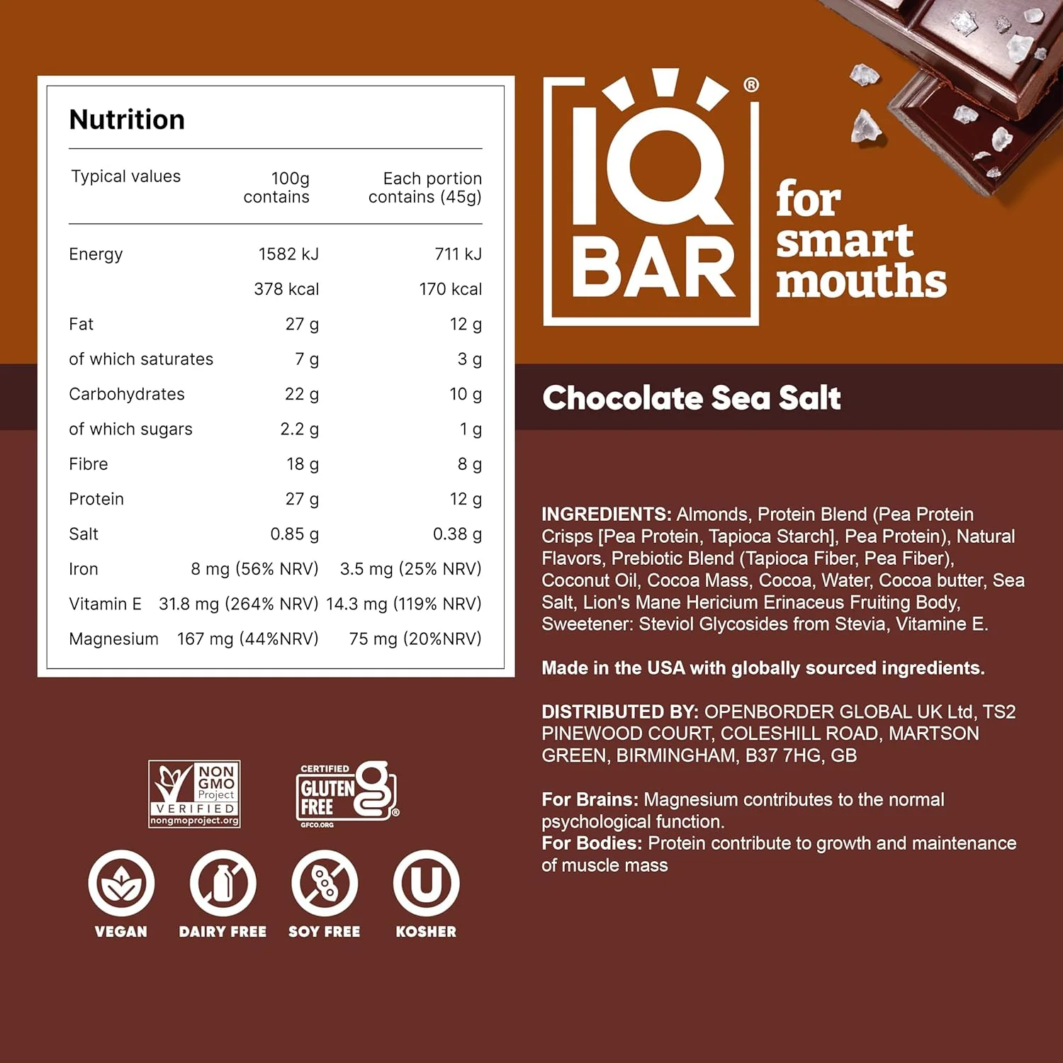 IQBAR Brain and Body Plant Protein Bars I Chocolate Sea Salt I Low Sugar Keto Energy Bar I 12g Protein - Image 6