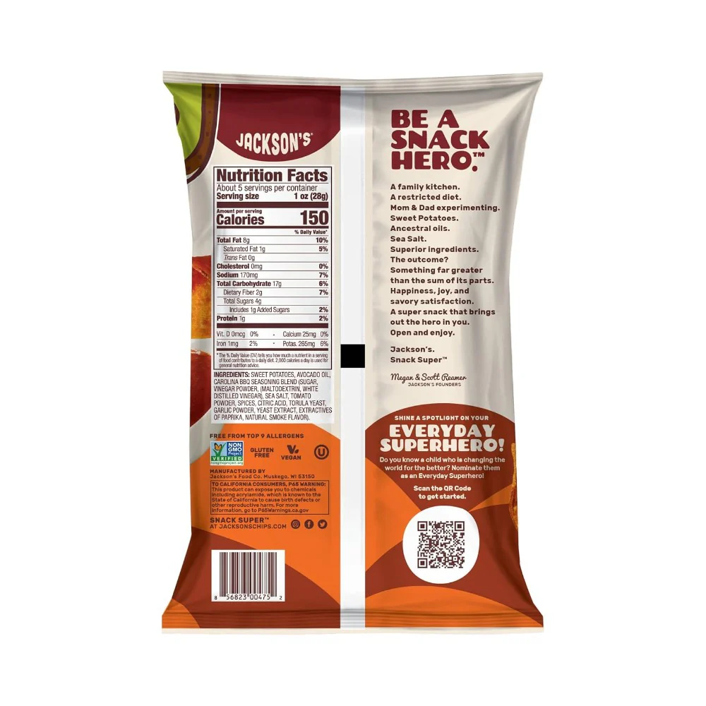 Jackson's Avocado Oil Sweet Potato Chips Carolina BBQ 5oz (142g) - Image 2